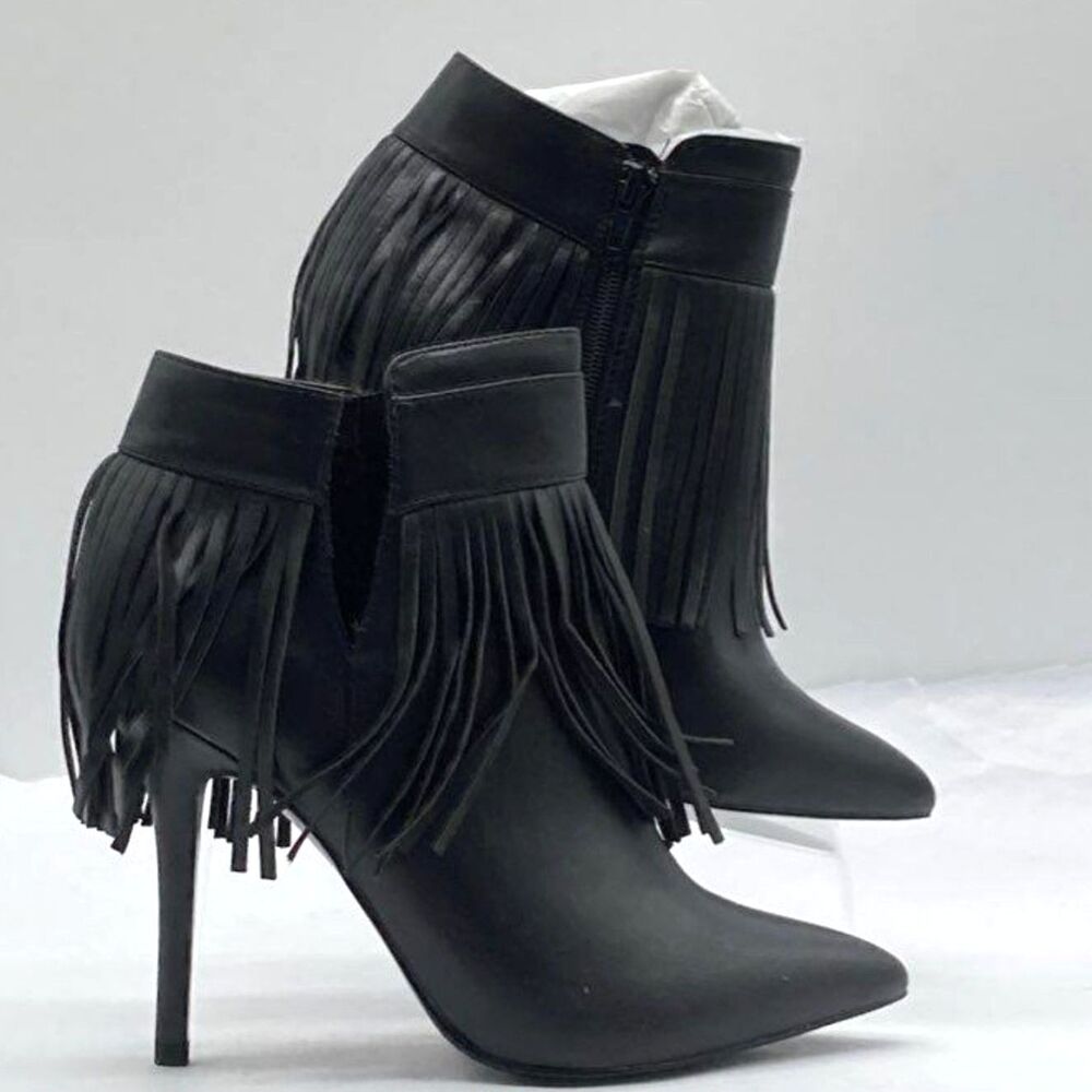 Boston Proper Black Leather Fringe Ankle Boots - Size 9.5